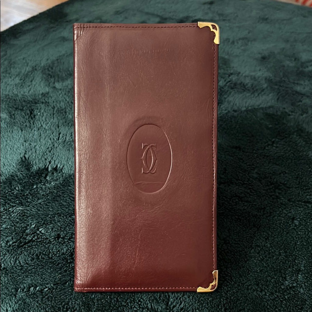 Authentic Vintage Cartier Bifold Wallet With Metal Accents Burgundy Leather